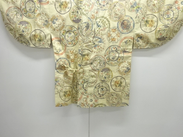 未使用品　絵皿に魚花鳥模様節紬道中着